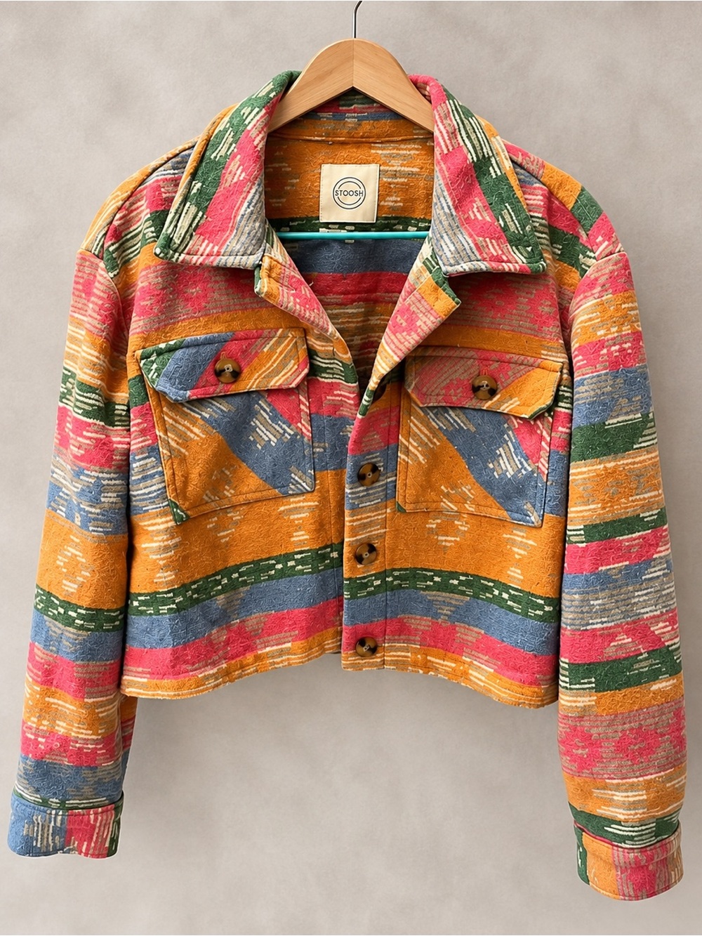 Stoosh Cropped Southwestern Aztec Print Shacket Jacket Multicolor Size M